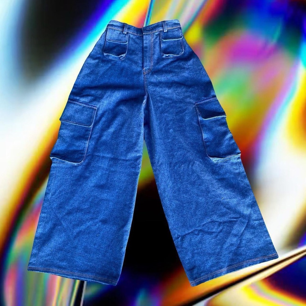 Blue Wide-Leg Cargo Jeans